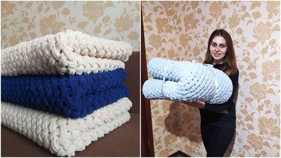 Жителька Кіровоградщини плете плюшеві пледи, які хоче подарувати дітям переселенців Жителька Кіровоградщини плете плюшеві пледи, які хоче подарувати дітям переселенців