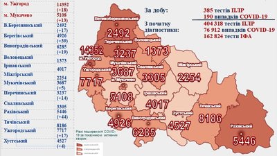 На Закарпатті за добу виявили 190 випадків COVID-19
