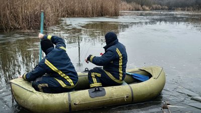 Рятувальники на гумовому човні витягують лебедя в Солоницівці