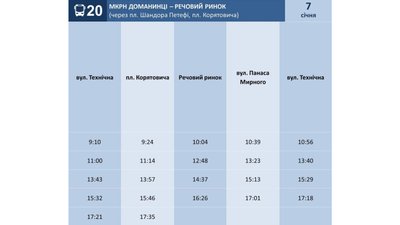 Графік руху автобуса №20 на 7 січня Графік руху автобуса №20 на 7 січня