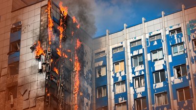 Пошкоджені фасад і скління адміністративної будівлі внаслідок атаки РФ на Одесу