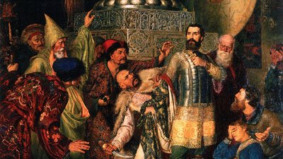 Князь Михайло Чернігівський перед ставкою Батия (картина В. Смирнова)