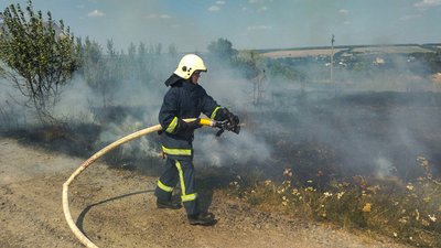 Рятувальник гасить вогонь на відкритій місцевості