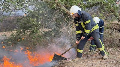 Рятувальники гасять пожежу. Горить Андріївське урочище на Миколаївщині Рятувальники гасять пожежу. Горить Андріївське урочище на Миколаївщині