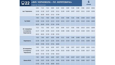 Графік руху автобуса №22 на 6 січня Графік руху автобуса №22 на 6 січня