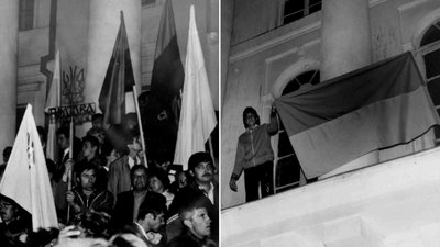 Архівні фото: зліва – мітинг у Полтаві у вересні 1990 Зправа – Ігор Овсій встановлює український стяг 1990 року Архівні фото: зліва – мітинг у Полтаві у вересні 1990 Зправа – Ігор Овсій встановлює український стяг 1990 року