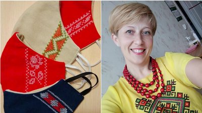 Кропивничанка вишиває на масках квіти та орнаменти
