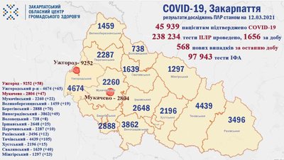 568 нових випадків COVID-19 виявили на Закарпатті 568 нових випадків COVID-19 виявили на Закарпатті