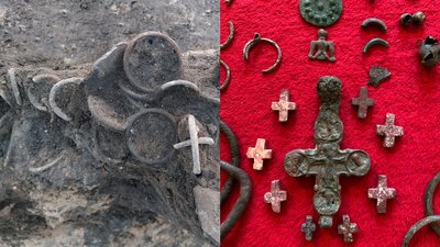 Археологія, розкопки, давні прикраси, прикраси, браслети, хрест
