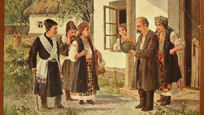 Ілюстрація: батьки дівчини виносять гарбуза сватам