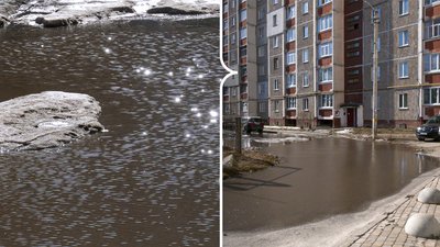 Калюжа як озеро біля багатоповерхівки у Чернігові на вулиці 1-ї танкової бригади
