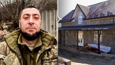 Зліва - військовий Сергій Нинчук та справа - будинок, який він збудував