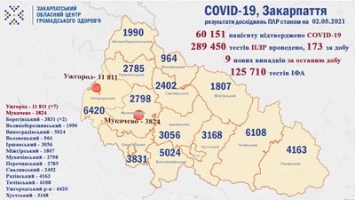 COVID-19 на Закарпатті: 9 нових випадків за добу, 276 людей одужали COVID-19 на Закарпатті: 9 нових випадків за добу, 276 людей одужали