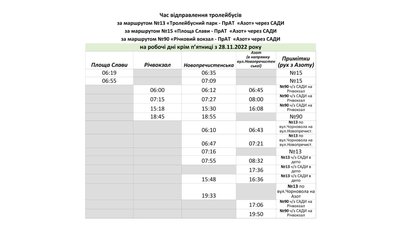 Спецграфіки для тролейбусів з 28 листопада. Черкаси Спецграфіки для тролейбусів з 28 листопада. Черкаси