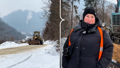 Колаж: з ліва — дорога в гірській громаді, з права — дорожня працівниця Ольга Артемчук