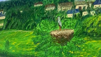 Картина із зображенням лелек у гнізді Картина із зображенням лелек у гнізді