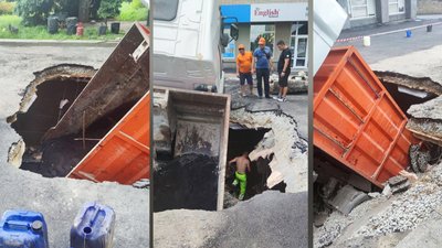 У Житомирі на майдані Соборному вантажівка провалилася під асфальт У Житомирі на майдані Соборному вантажівка провалилася під асфальт
