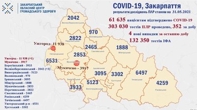 За добу на Закарпатті виявили 4 нові випадки COVID-19, 1 людина померла За добу на Закарпатті виявили 4 нові випадки COVID-19, 1 людина померла