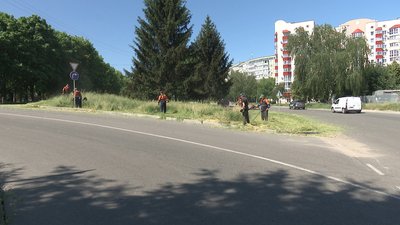 Комунальні працівники косять траву у Полтаві Комунальні працівники косять траву у Полтаві
