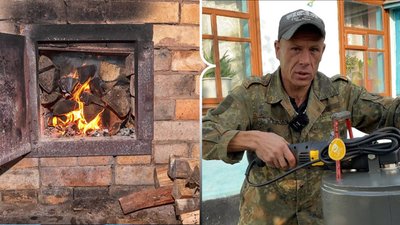 Сергій Любицький із пристроєм для очищення димоходів від сажі, Хмельниччина