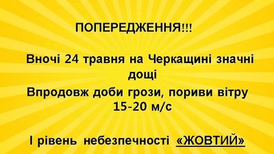 "Жовтий" рівень небезпечності: черкащан попереджають про погіршення погодних умов