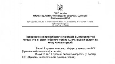 З 9 по 11 травня на Хмельниччини прогнозують заморозки. Оголошено I та II рівні небезпечності. З 9 по 11 травня на Хмельниччини прогнозують заморозки. Оголошено I та II рівні небезпечності.