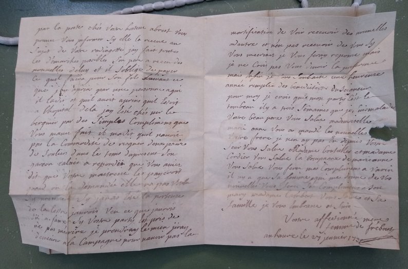 Лист до моряка французького корабля "Галатея" на Семирічній війні 18 століття
